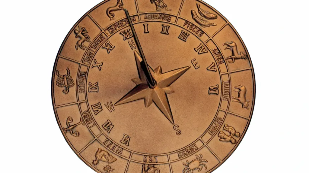 Seno laiku saules pulkstenis ar zodiaka zīmju simboliem uz bronzas virsmas